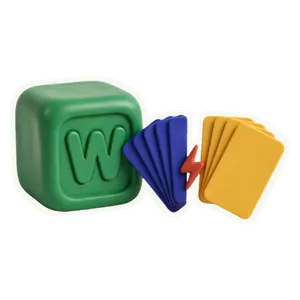 A letter block with a W next to two hands of cards and a lightning bolt.
